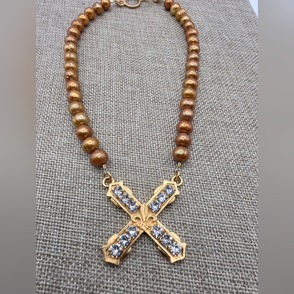 Gold and Bronze Beaded Necklace with Cross Pendant - Picture 2 of 5